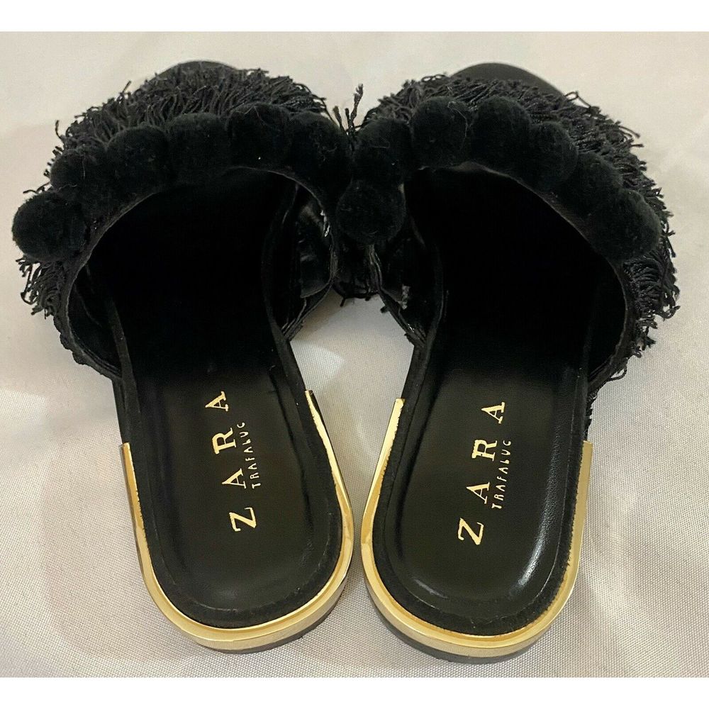 Zara Trafaluc Black Fringe & Pompom Mules 8.5 NWOT